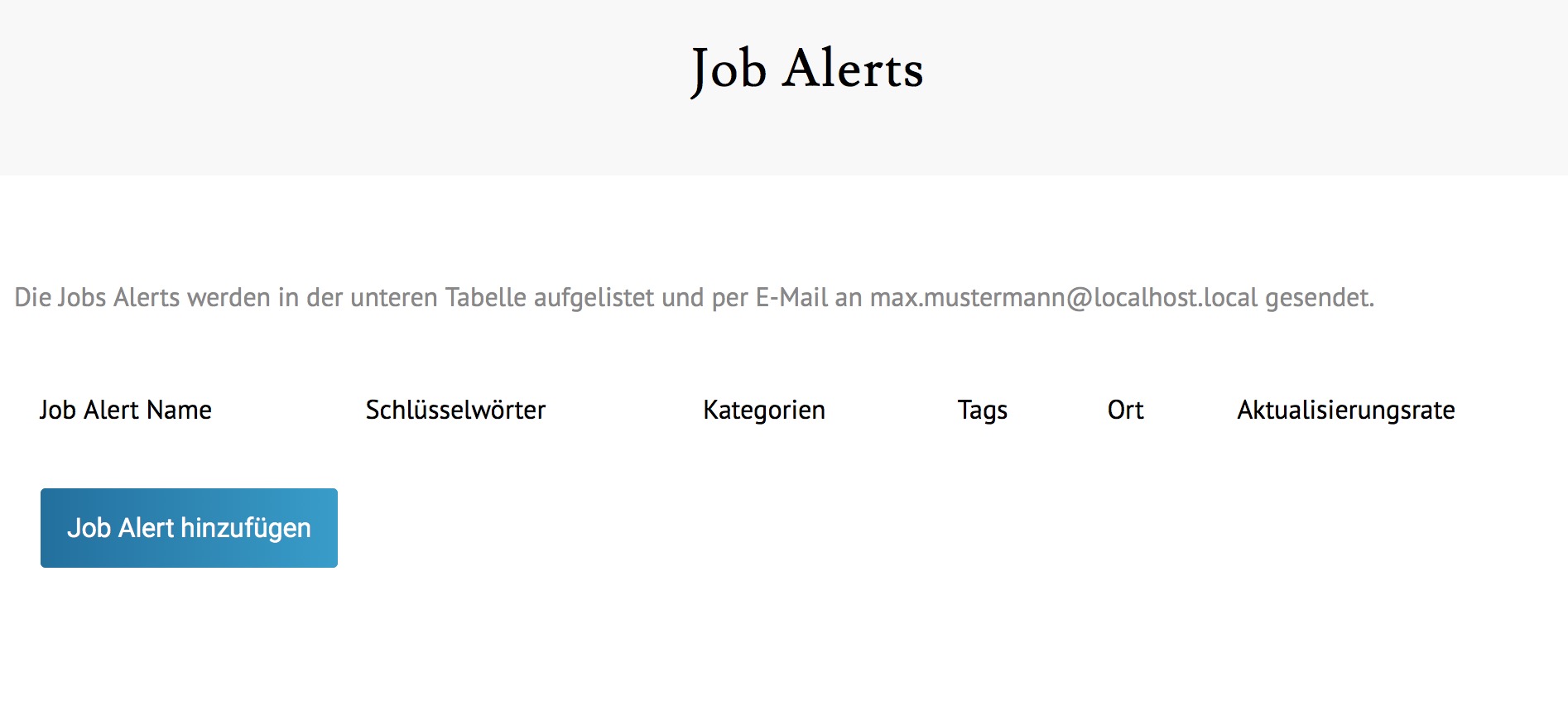 Bedienungsoberfläche der Job Alerts für eingeloggte User
